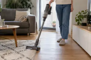 Osoba koristi bežični štapni usisavač na drvenom podu uz rub tepiha